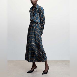 Mango | Geometric Print Blouse & Pleated Skirt